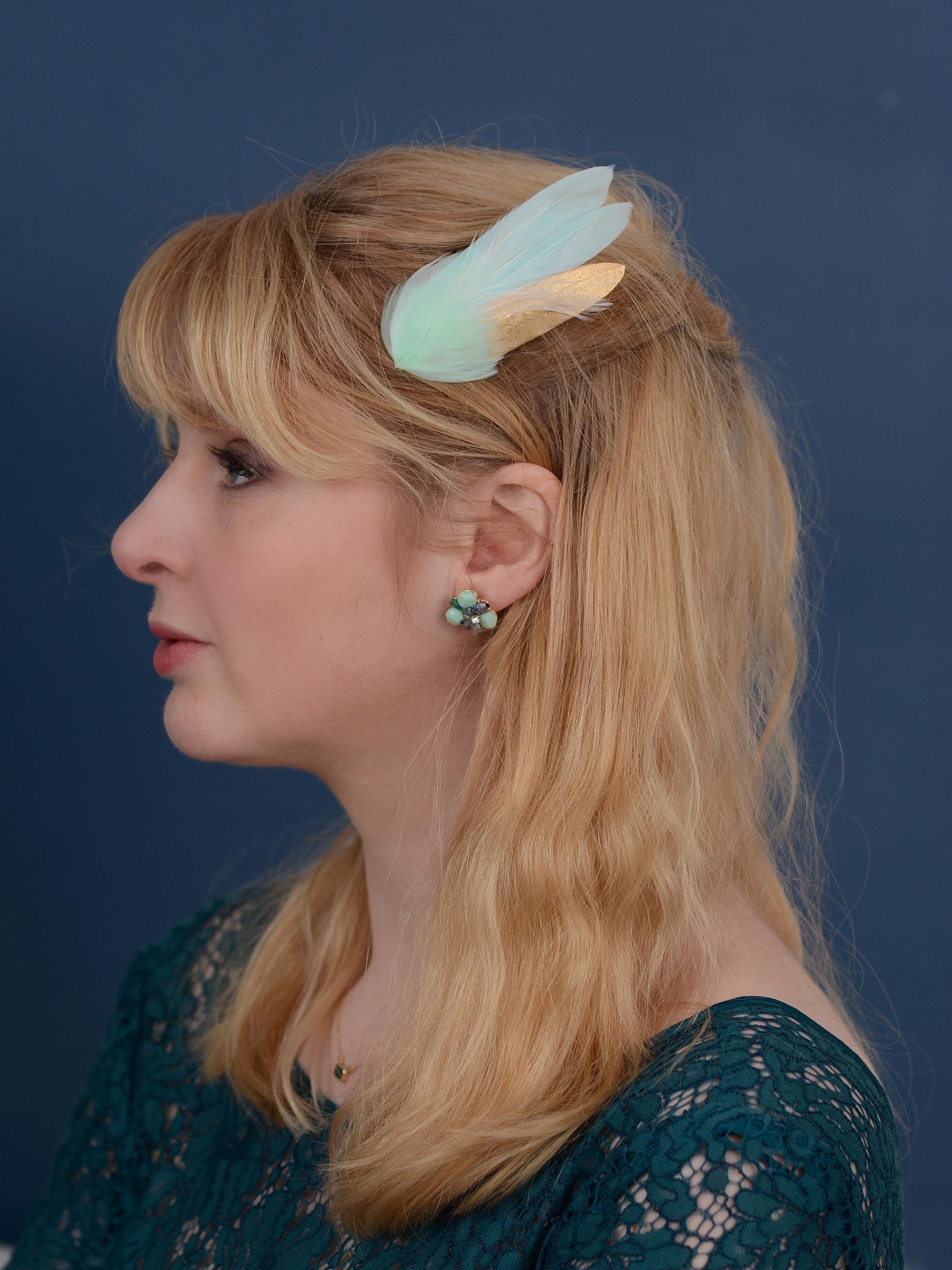 Mint and Gold Feather Fascinator Hair Clip | Blush Feather Hair Clip | Blush Feather Headpiece | Wedding Fascinator | Bridal Headpiece
