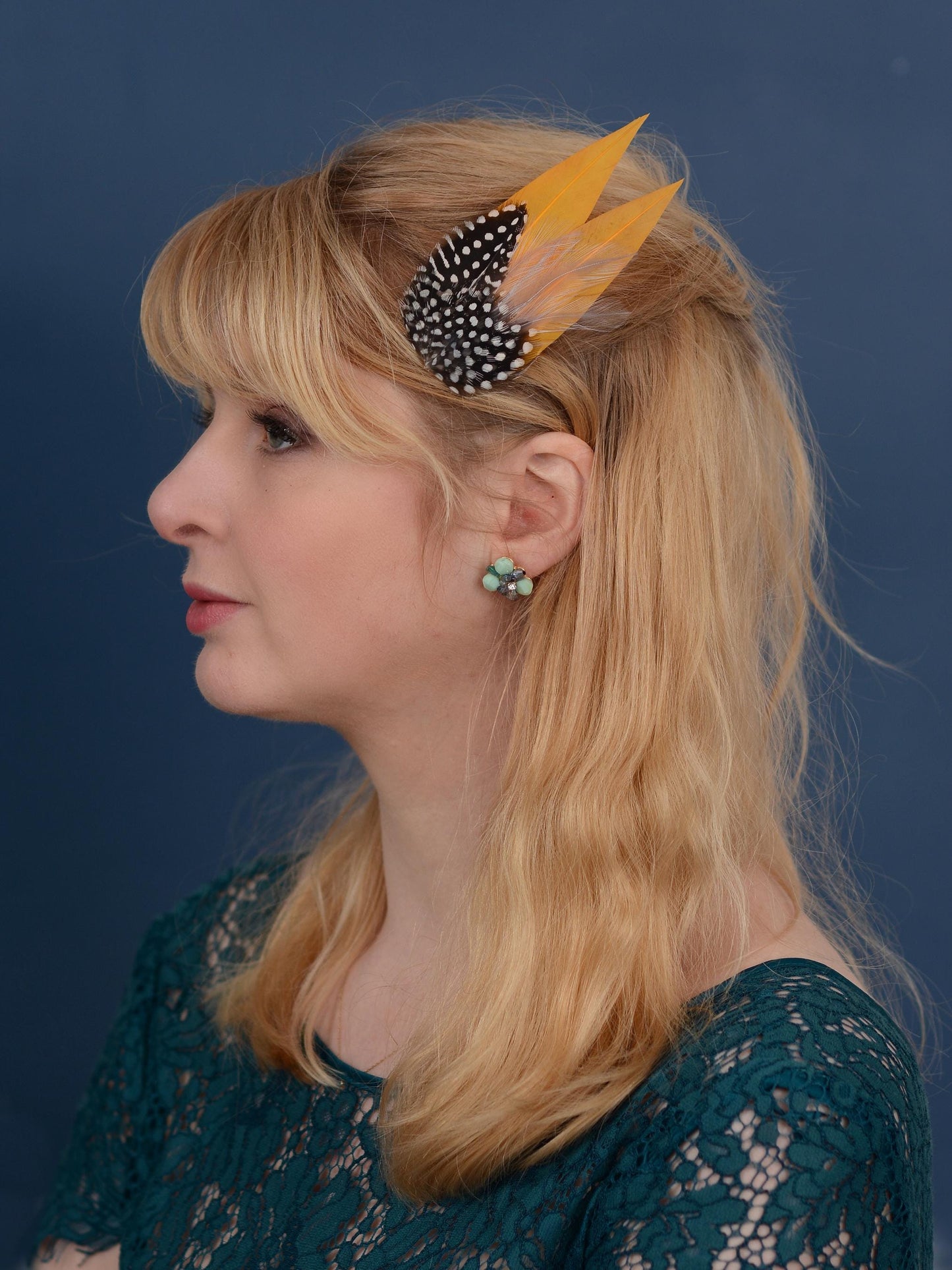 Mustard Yellow and Polka Dot Feather Hair Clip | Yellow Feather Fascinator | Gold Yellow Feather Headpiece | Wedding Fascinator