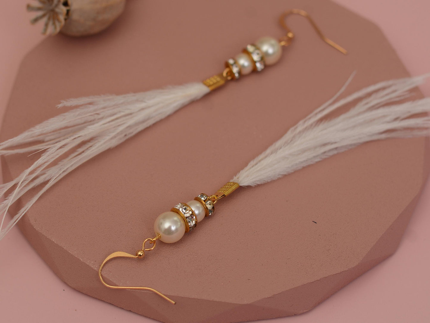 Long White Ostrich Feather Earrings with Pearl and Crystal Detail in Gold