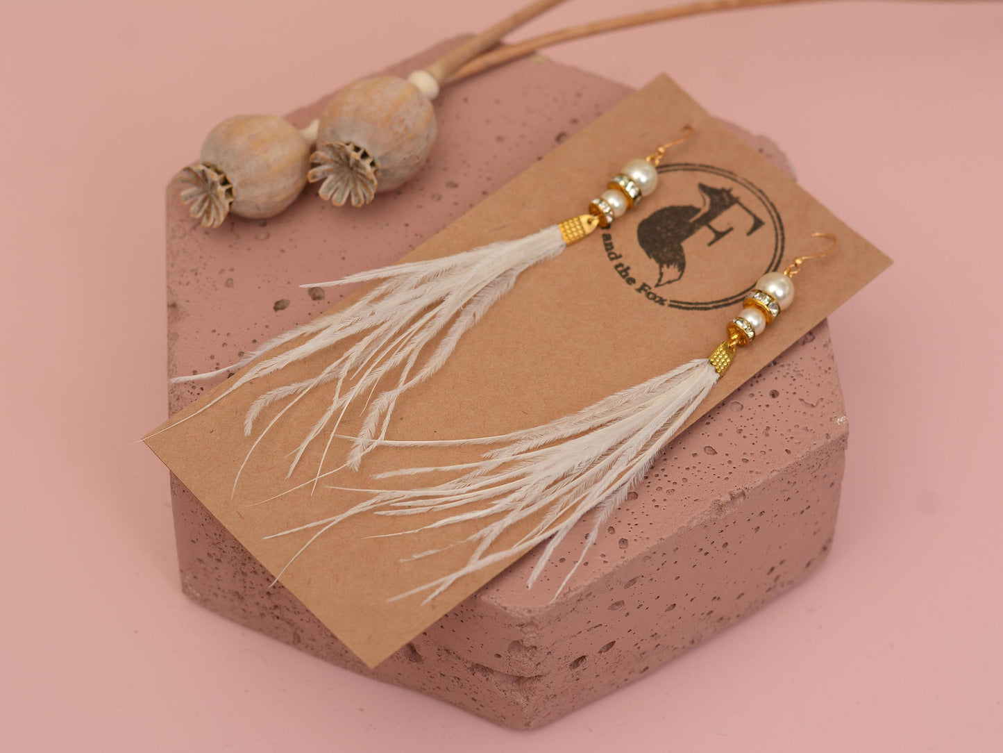 Long White Ostrich Feather Earrings with Pearl and Crystal Detail in Gold
