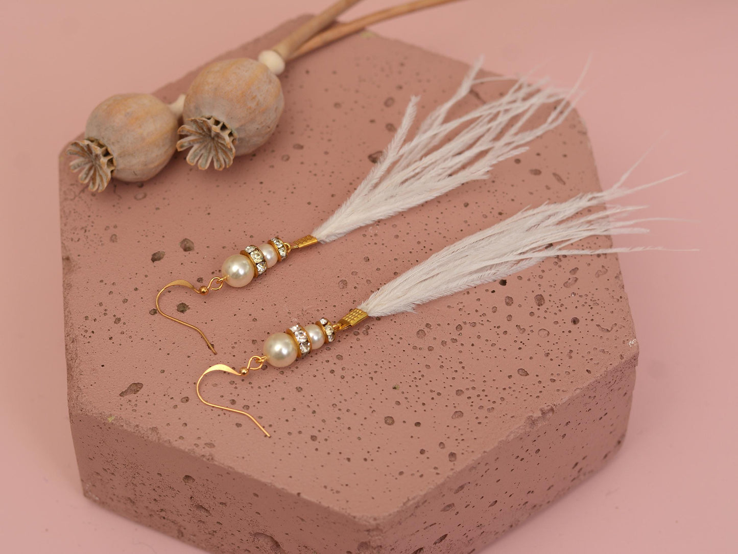 Long White Ostrich Feather Earrings with Pearl and Crystal Detail in Gold