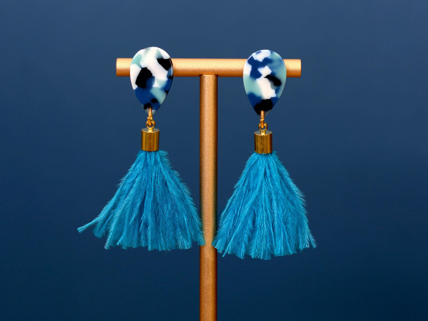Sky Blue Teardrop Ostrich Feather Tassel Earrings
