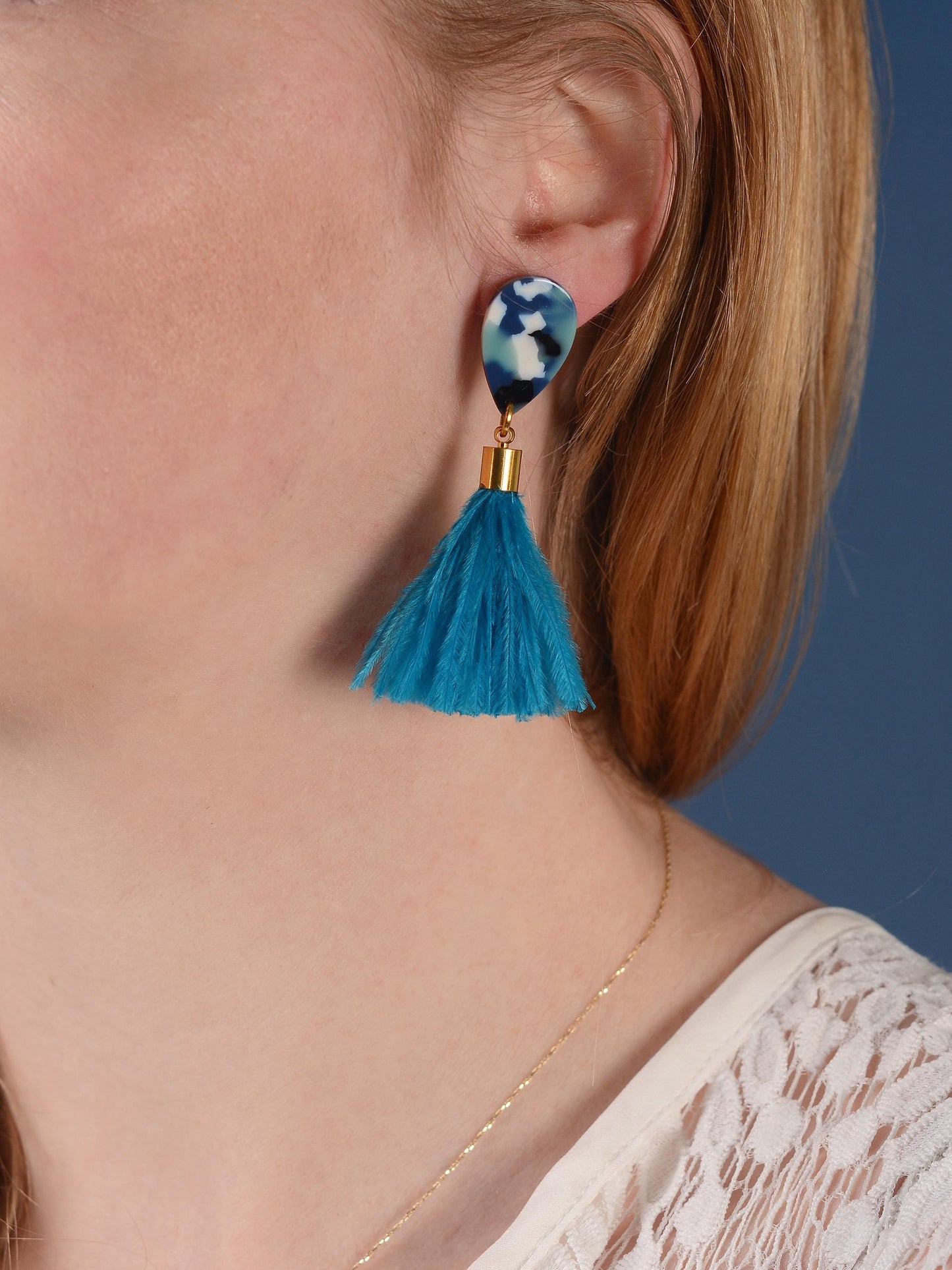 Sky Blue Teardrop Ostrich Feather Tassel Earrings