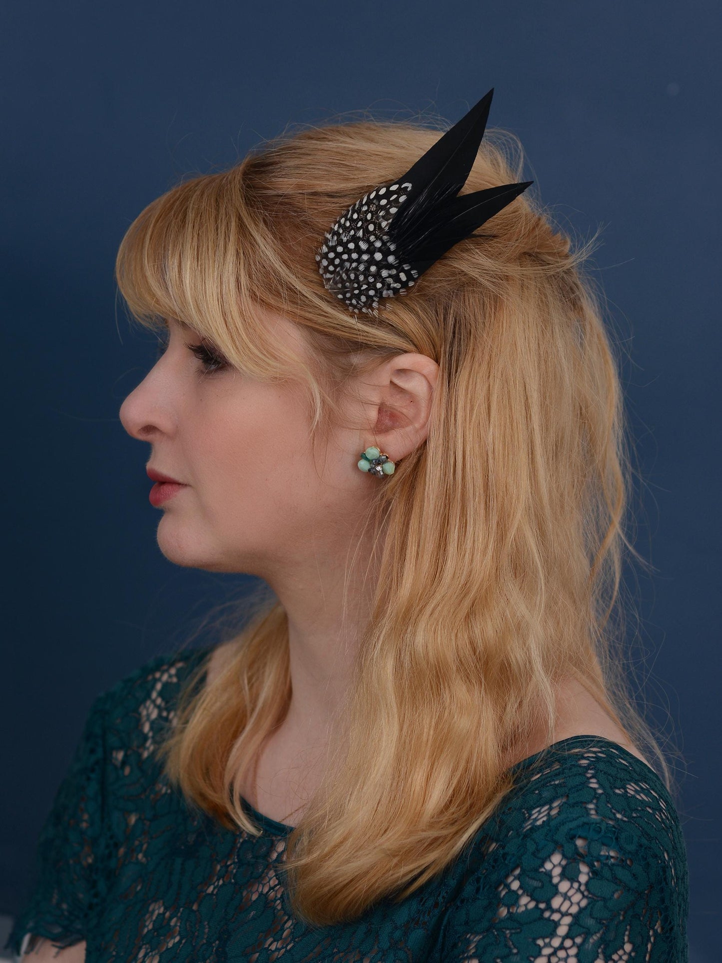 Black Monochrome Feather Hair Clip with Polka Dots | Black Feather Fascinator | Black Feather Headpiece | Wedding Fascinator