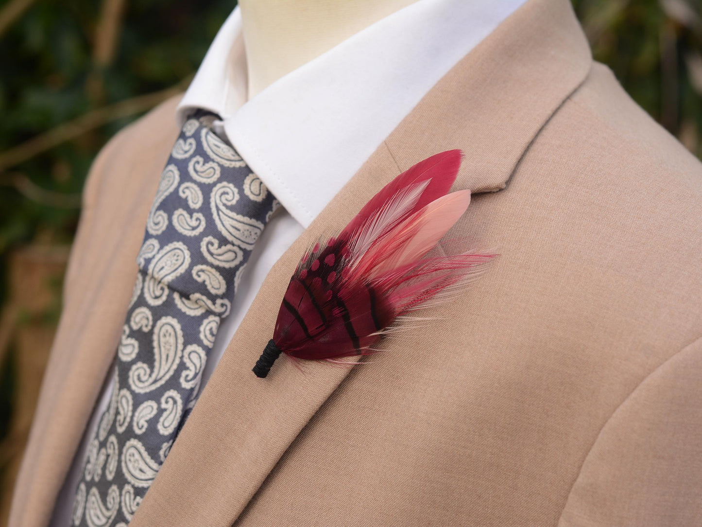 Berry Burgundy and Blush Pink Boutonniere No.123 | Burgundy Feather Hat Pin | Feather Brooch | Feather Lapel Pin