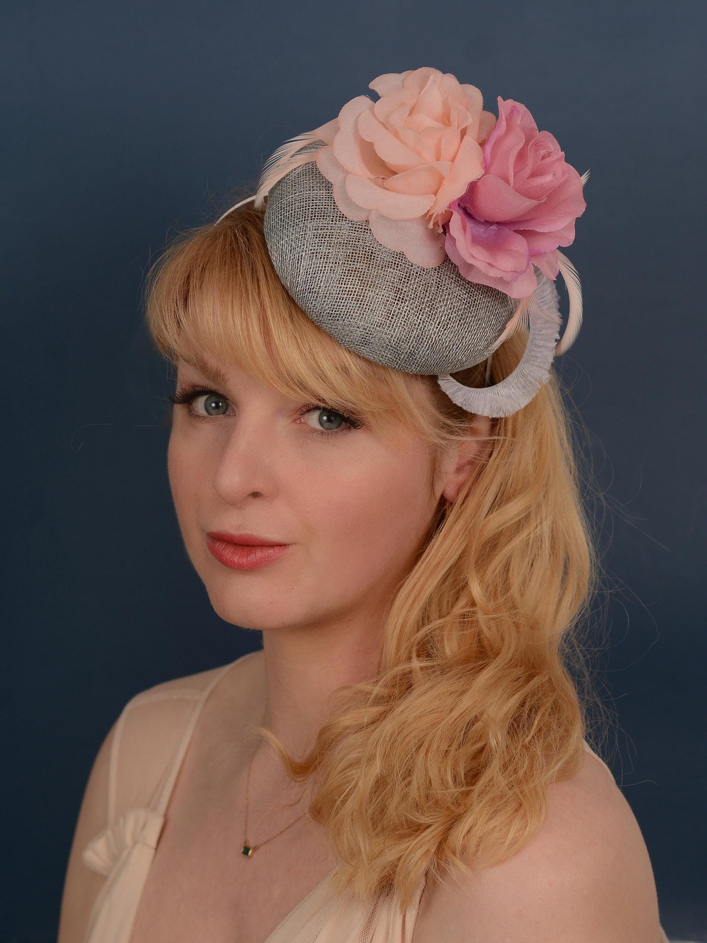 Grey and Pink Button Fascinator with Flowers and Feathers