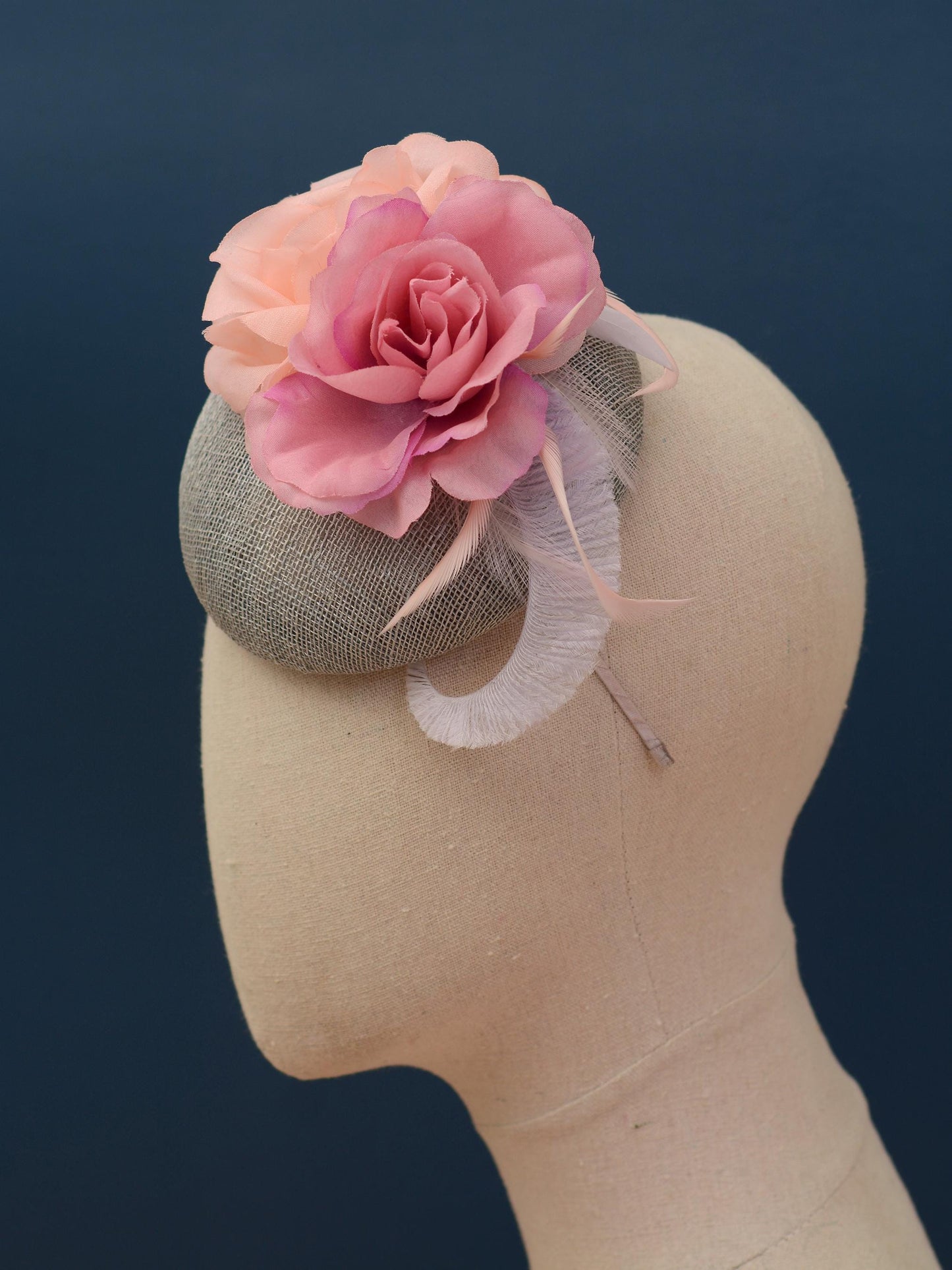 Grey and Pink Button Fascinator with Flowers and Feathers