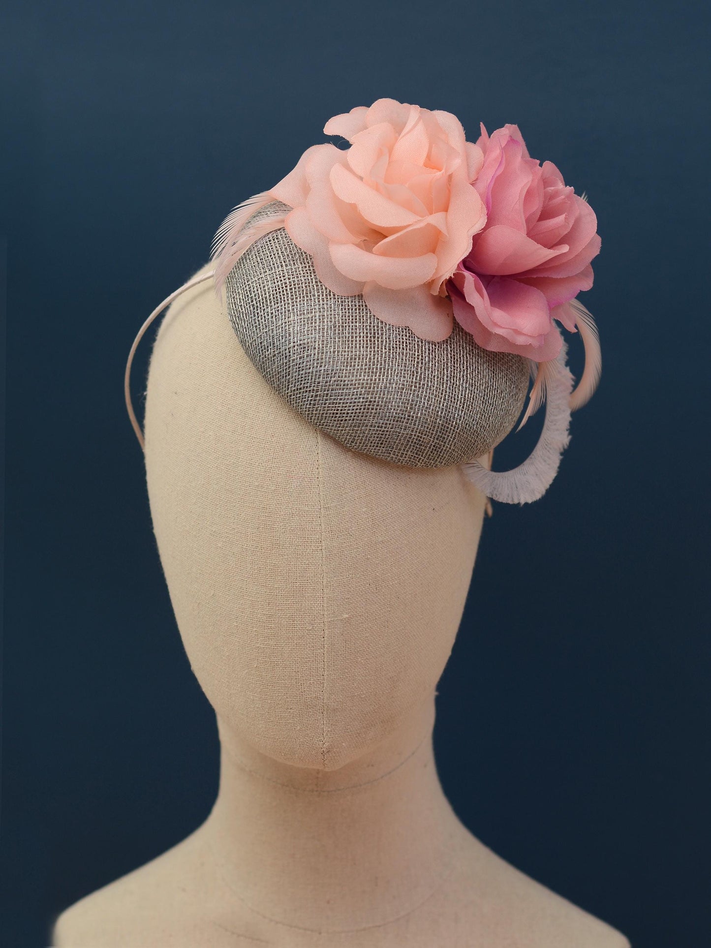 Grey and Pink Button Fascinator with Flowers and Feathers