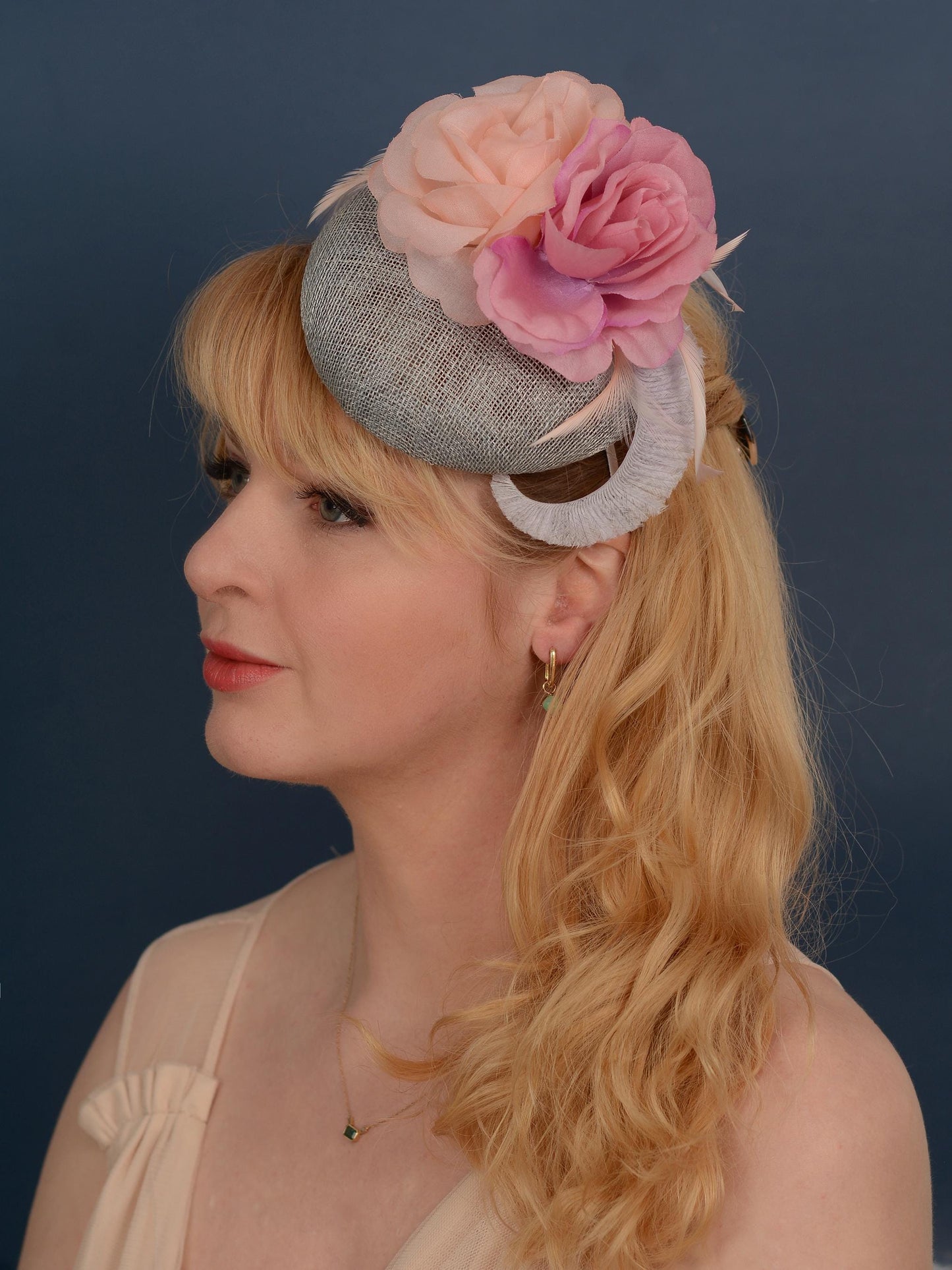 Grey and Pink Button Fascinator with Flowers and Feathers