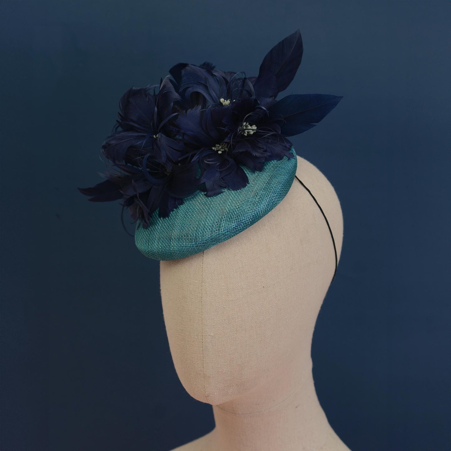 Navy Blue and Teal Feather Flower Button Hat Fascinator