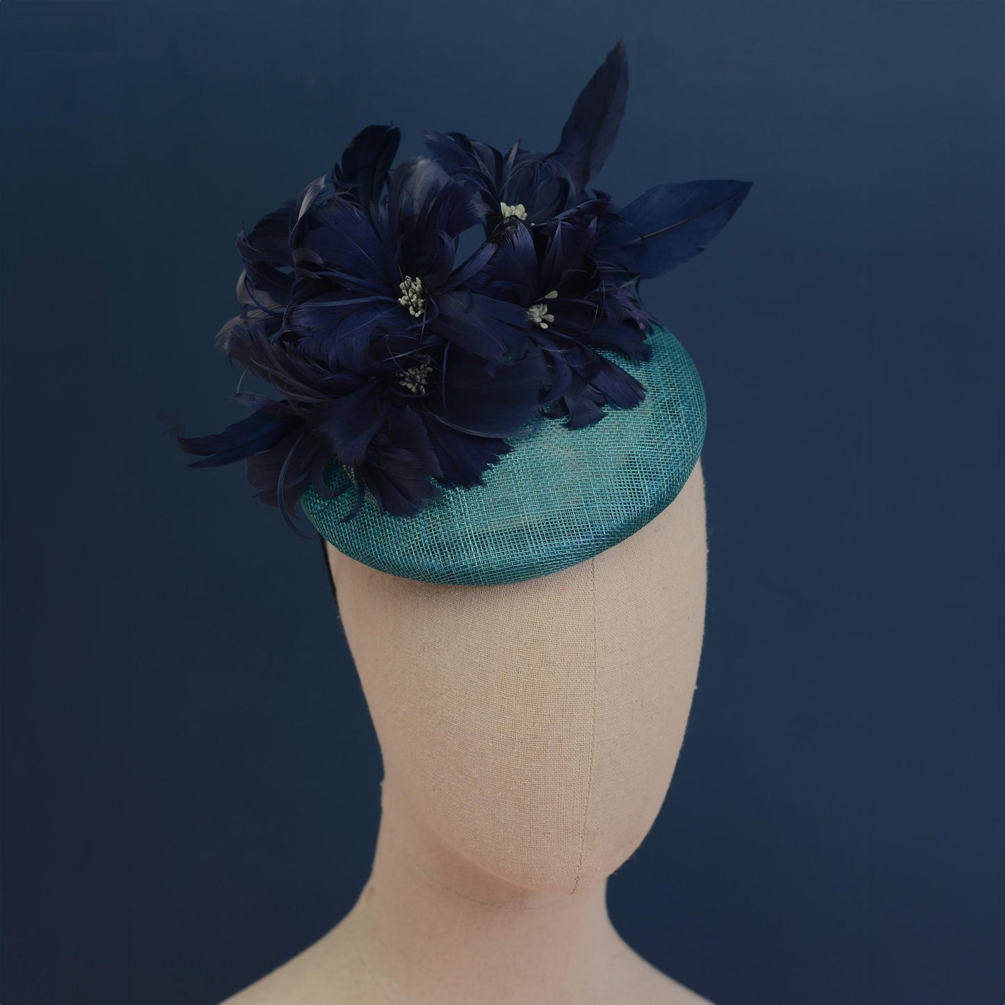Navy Blue and Teal Feather Flower Button Hat Fascinator