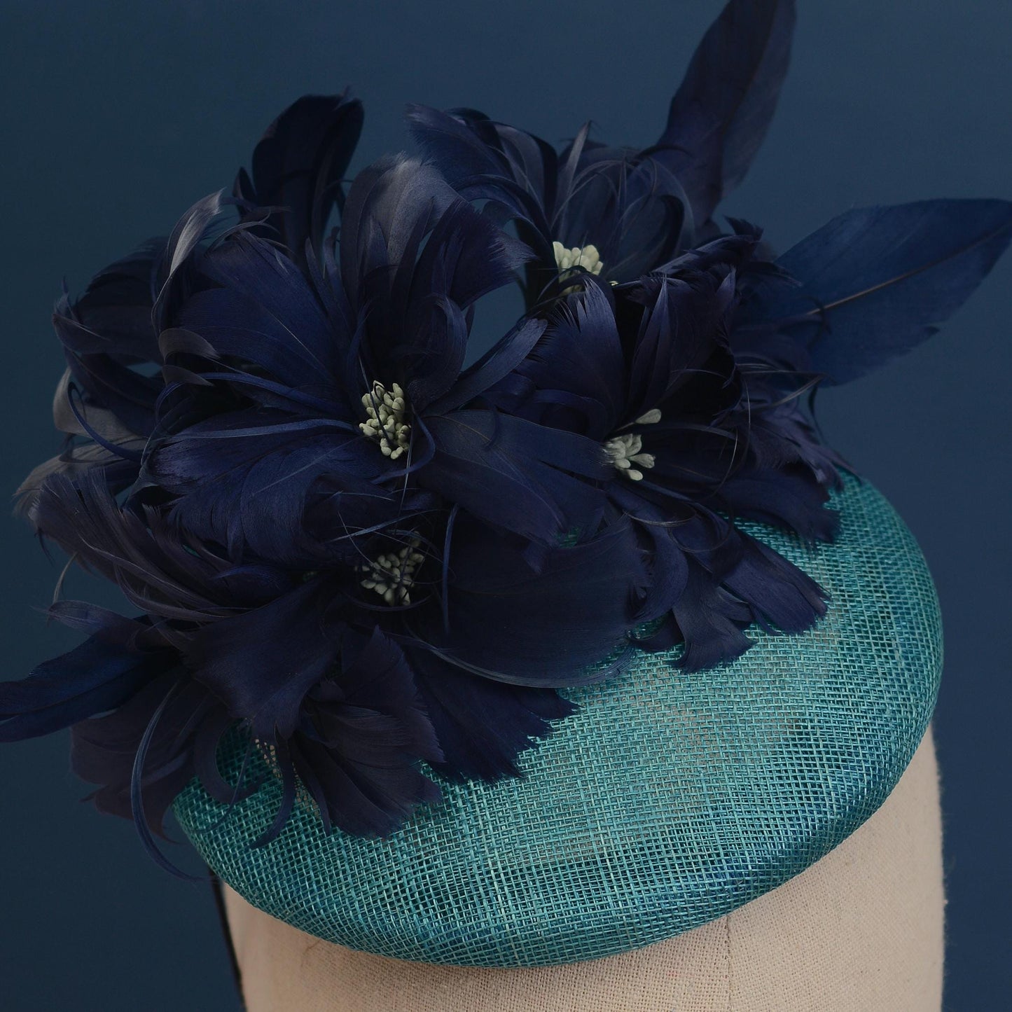 Navy Blue and Teal Feather Flower Button Hat Fascinator