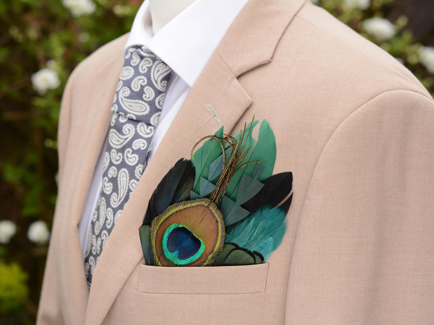 Peacock Feather Pocket Square in Shades of Black and Green No.230 | Suit Accessory | Feather Neck Tie | Grooms Outfit | Groomsmen | Wedding