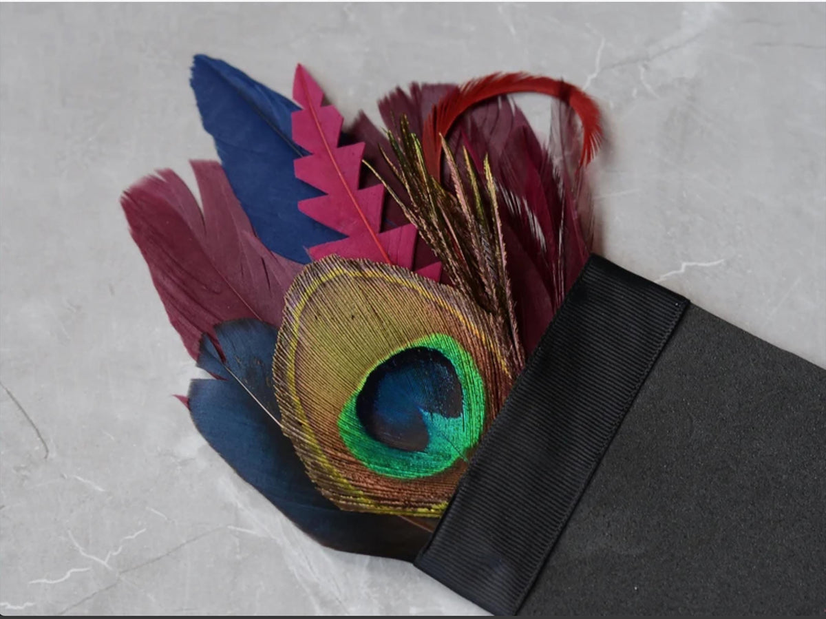 Plum, Navy and Peacock Feather Pocket Square No.178 | Suit Accessory | Feather Neck Tie | Grooms Outfit | Groomsmen | Wedding