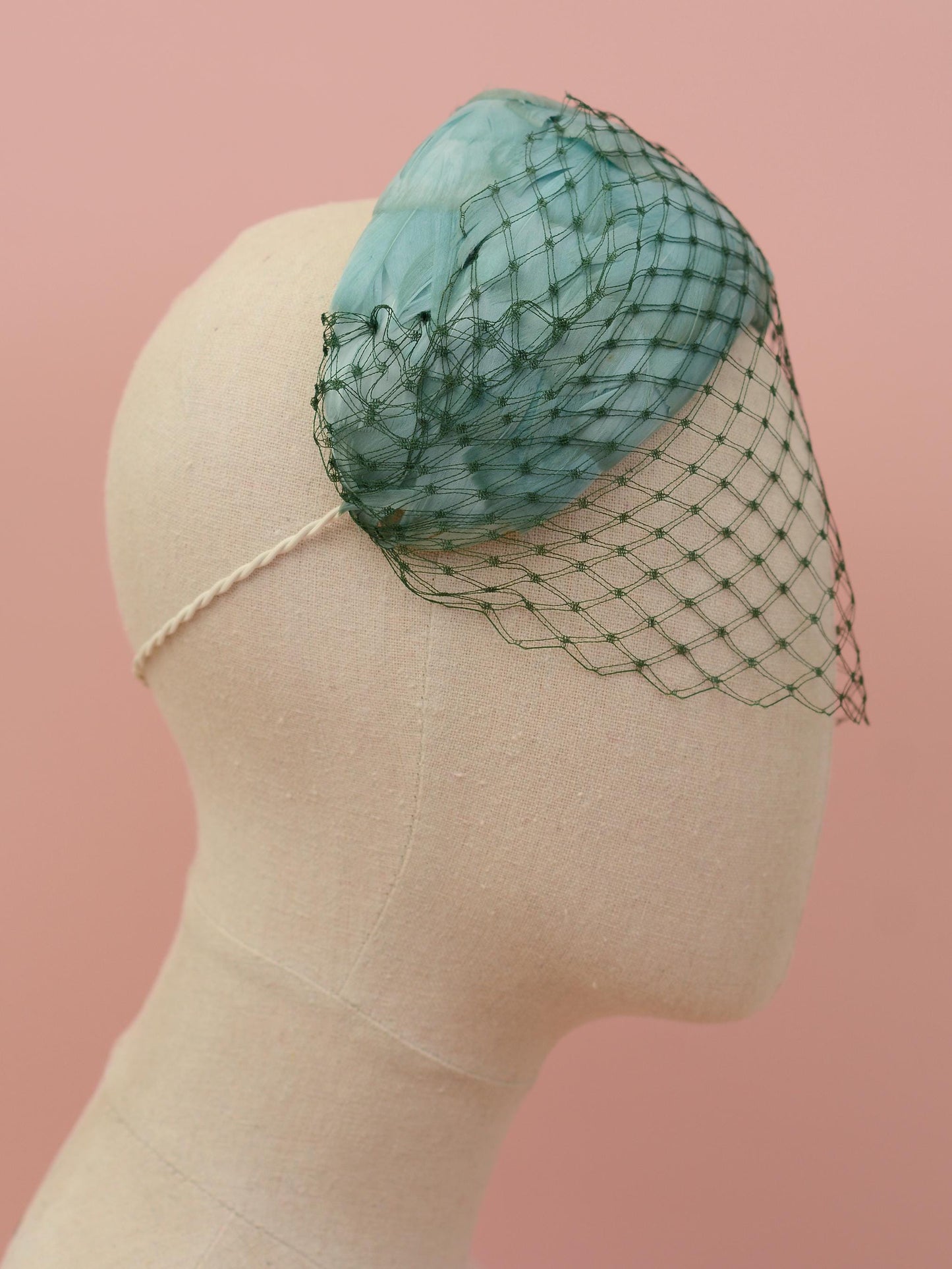 Luxury Sage Green Goose Feather Bandeau Headband Fascinator with Vintage Veiling | Feather Hat | Wedding Fascinator