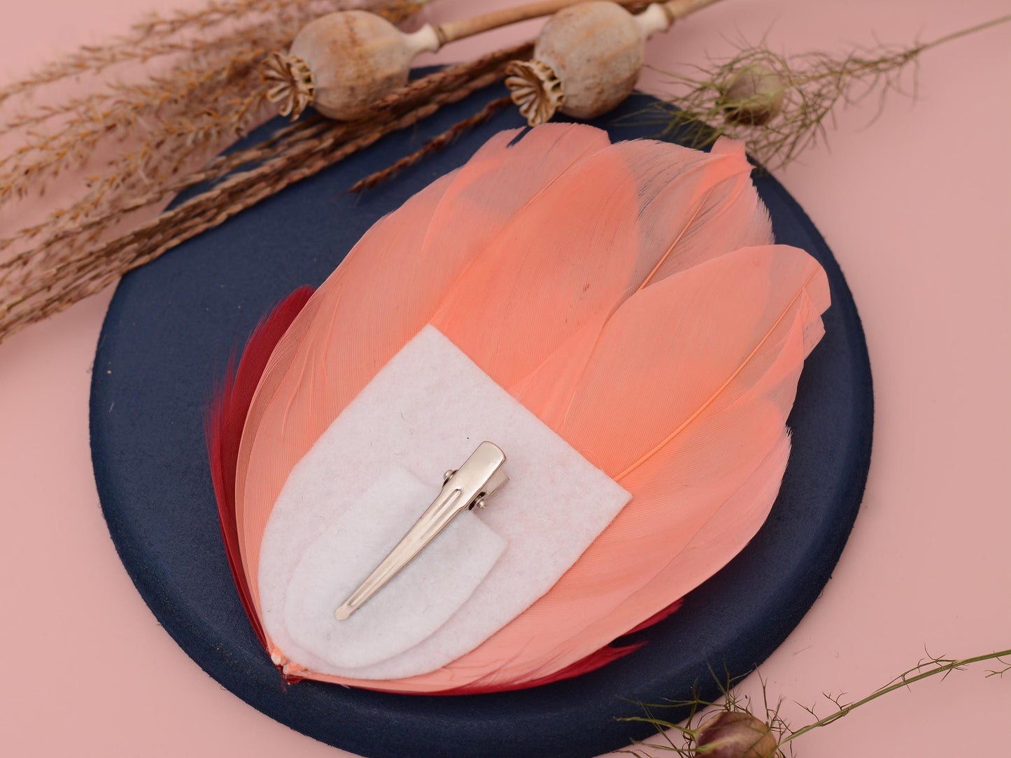 Large Feather Hair Clip in Coral Pink and Crimson No.38 | Feather Fascinator | Feather Headpiece | Wedding Fascinator | Bridal Headpiece