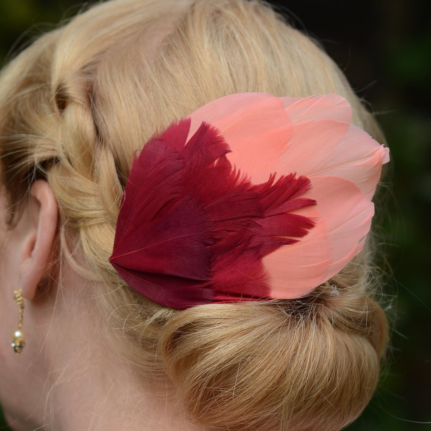 Large Feather Hair Clip in Coral Pink and Crimson No.38 | Feather Fascinator | Feather Headpiece | Wedding Fascinator | Bridal Headpiece