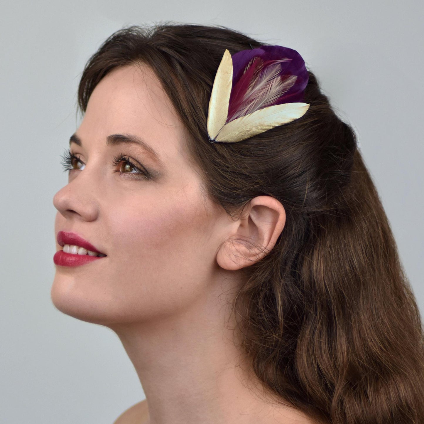 Feather Hair Clip Plum, Gold and Blush | Feather Fascinator | Feather Headpiece | Bridal Hair Clip | Bridal Headpiece | Bridesmaids