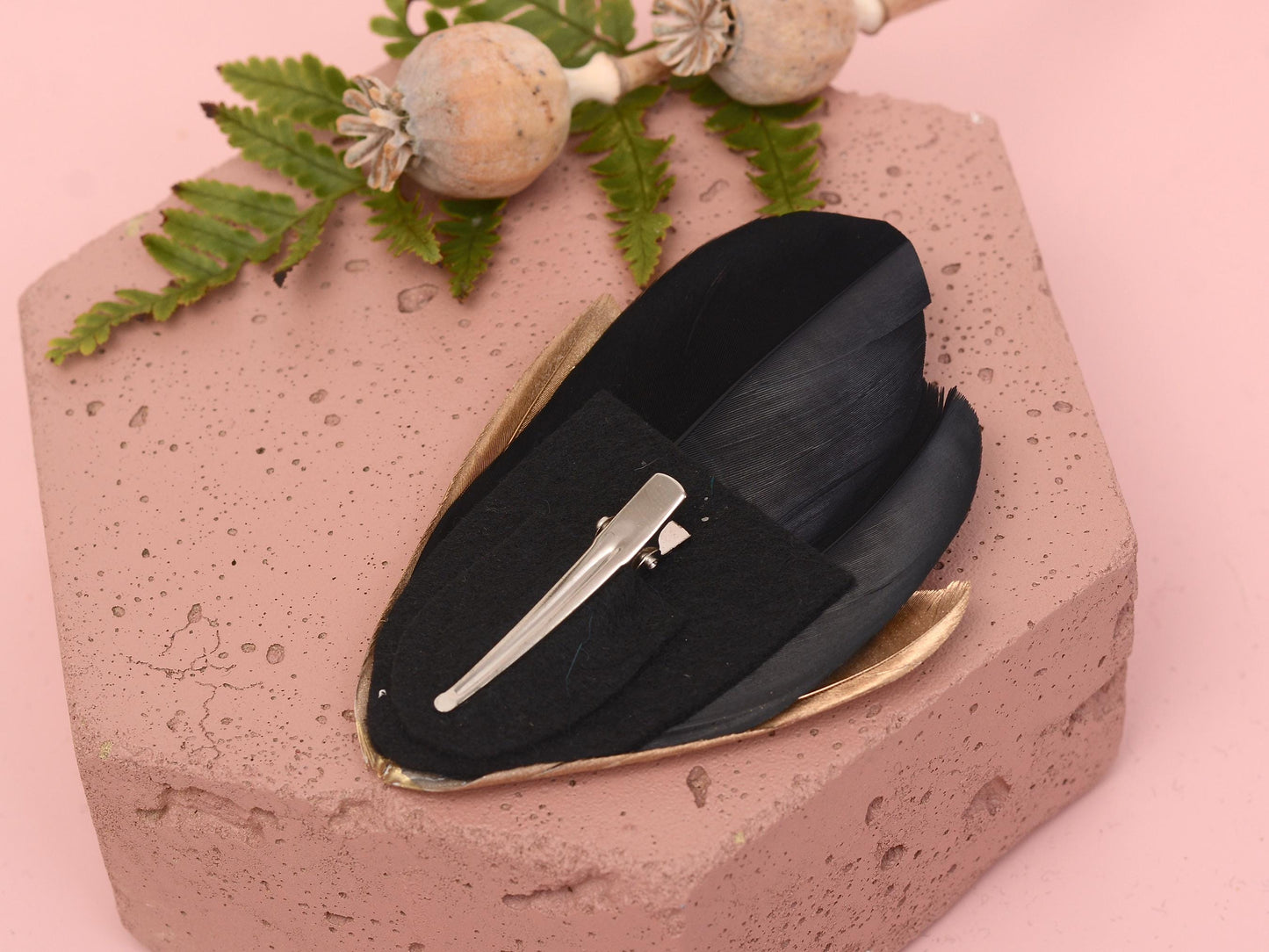 Feather Hair Clip in Black, Blush Pink and Gold | Feather Fascinator | Feather Headpiece | Bridal Hair Clip | Bridal Headpiece | Bridesmaids