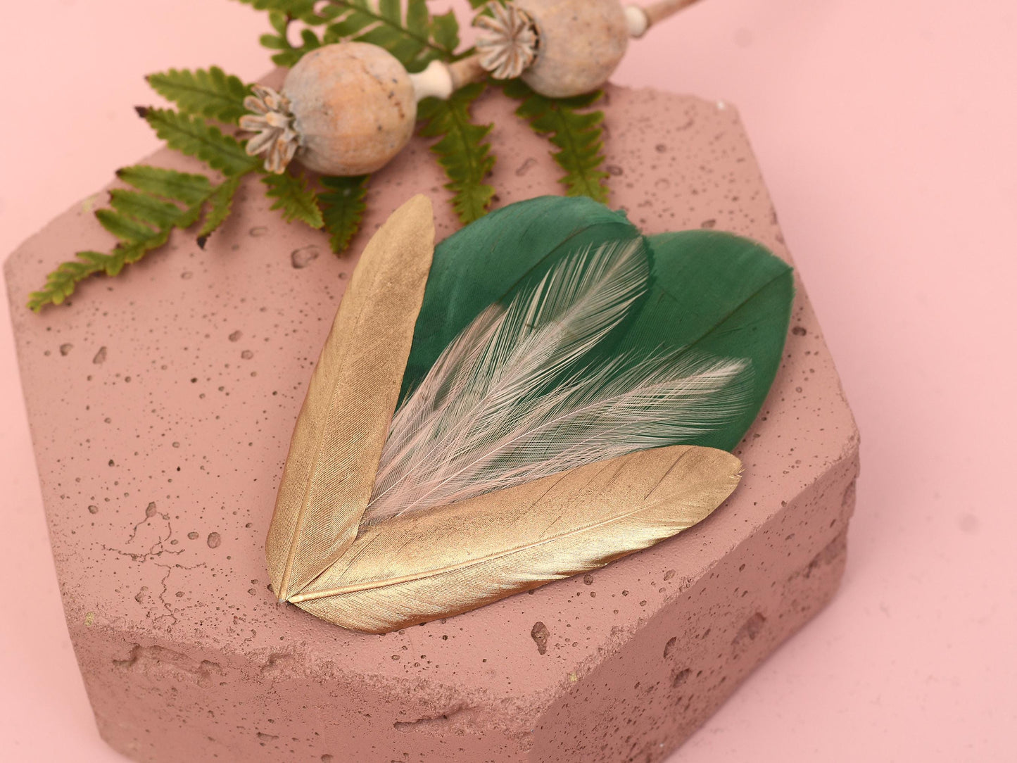 Feather Hair Clip in Green, Pink and Gold | Feather Fascinator | Feather Headpiece | Bridal Hair Clip | Bridal Headpiece | Bridesmaids