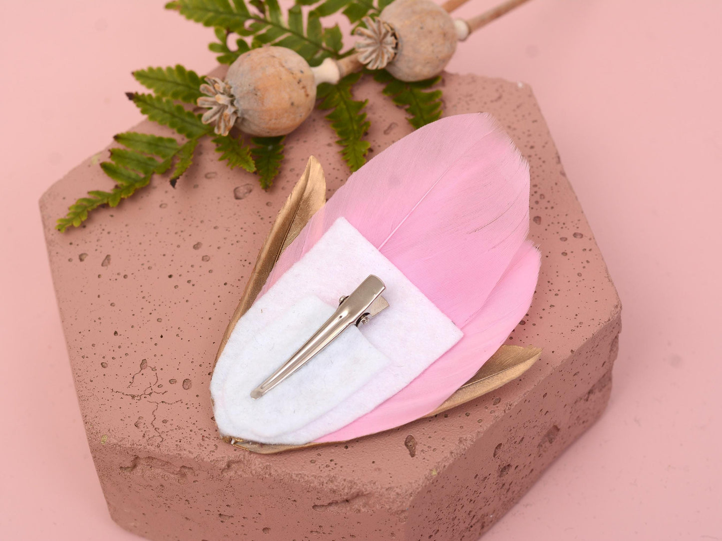 Feather Hair Clip in Rose Pink and Gold | Pink Feather Fascinator | Feather Headpiece | Bridal Hair Clip | Bridal Headpiece | Bridesmaids