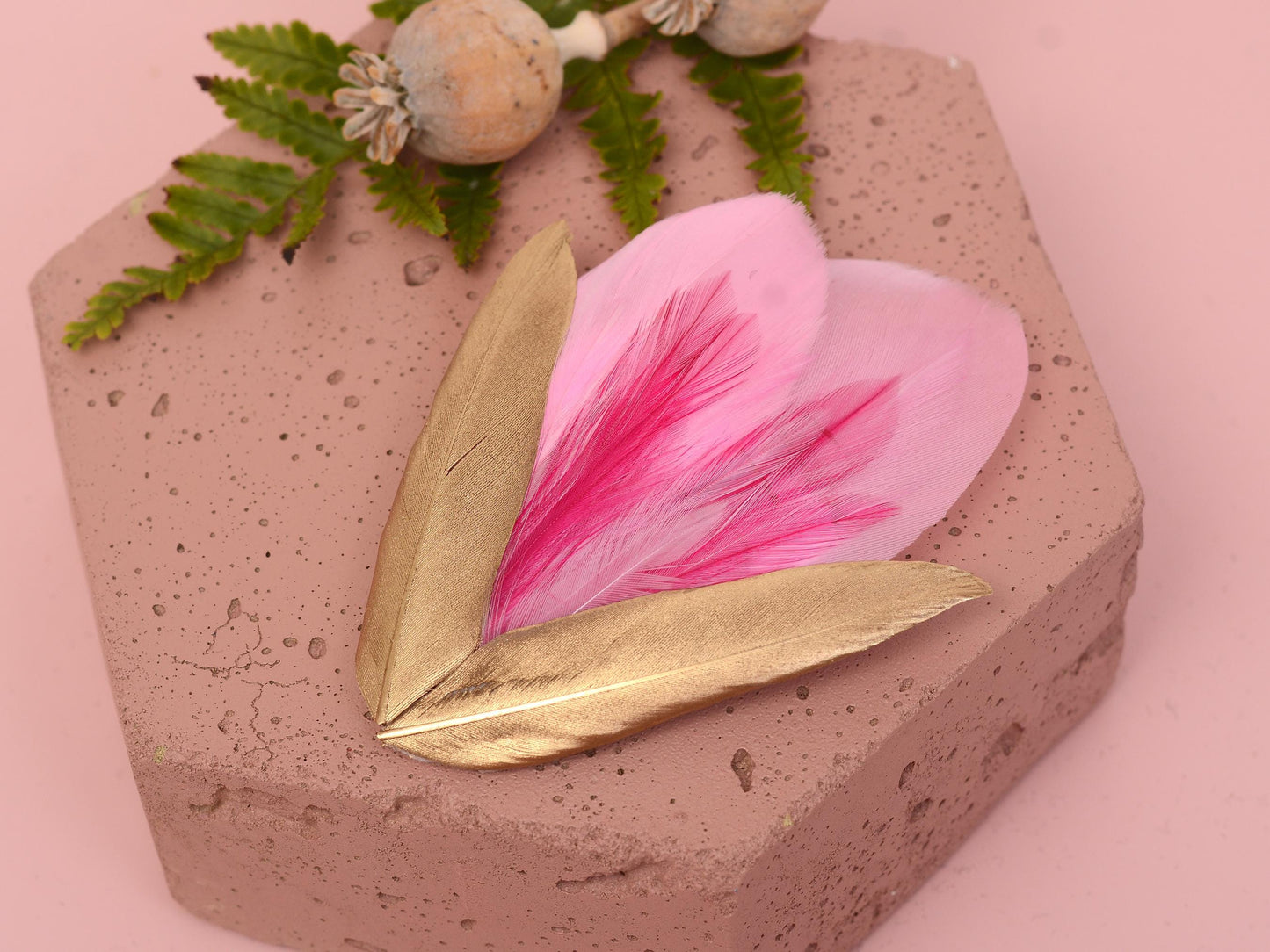Feather Hair Clip in Rose Pink and Gold | Pink Feather Fascinator | Feather Headpiece | Bridal Hair Clip | Bridal Headpiece | Bridesmaids