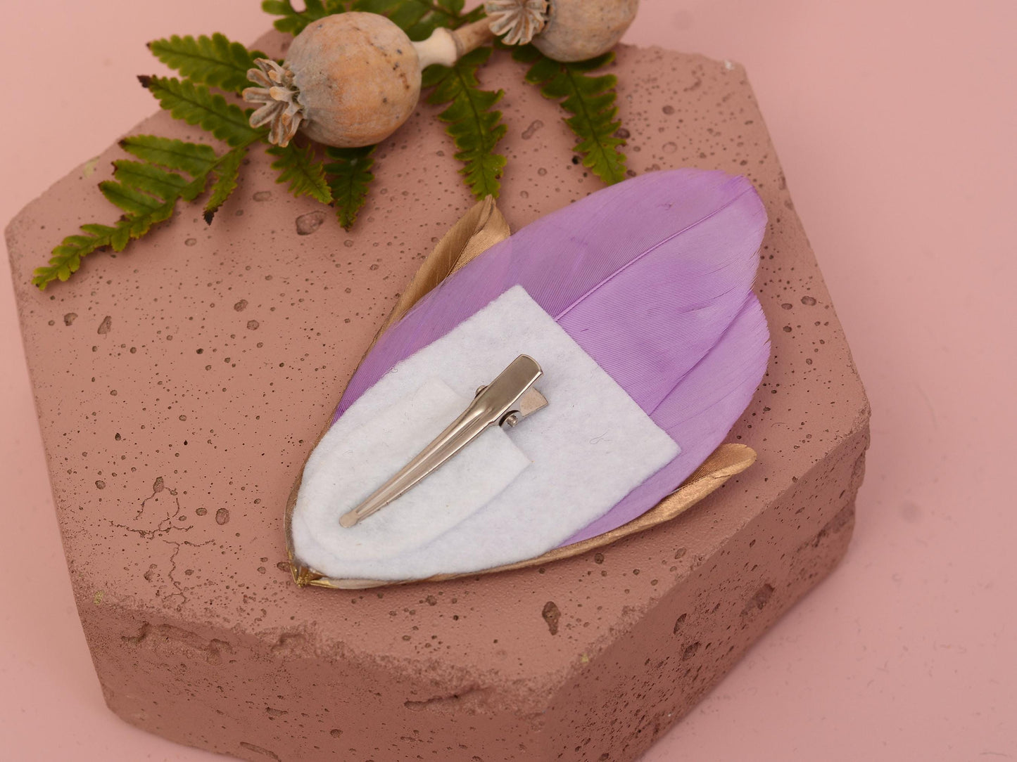 Feather Hair Clip Lilac Purple and Gold | Feather Fascinator | Feather Headpiece | Bridal Hair Clip | Bridal Headpiece | Bridesmaids