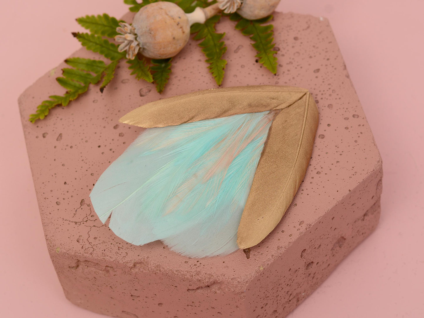 Feather Hair Clip in Mint Green, Pink and Gold | Feather Fascinator | Feather Headpiece | Bridal Hair Clip | Bridal Headpiece | Bridesmaids
