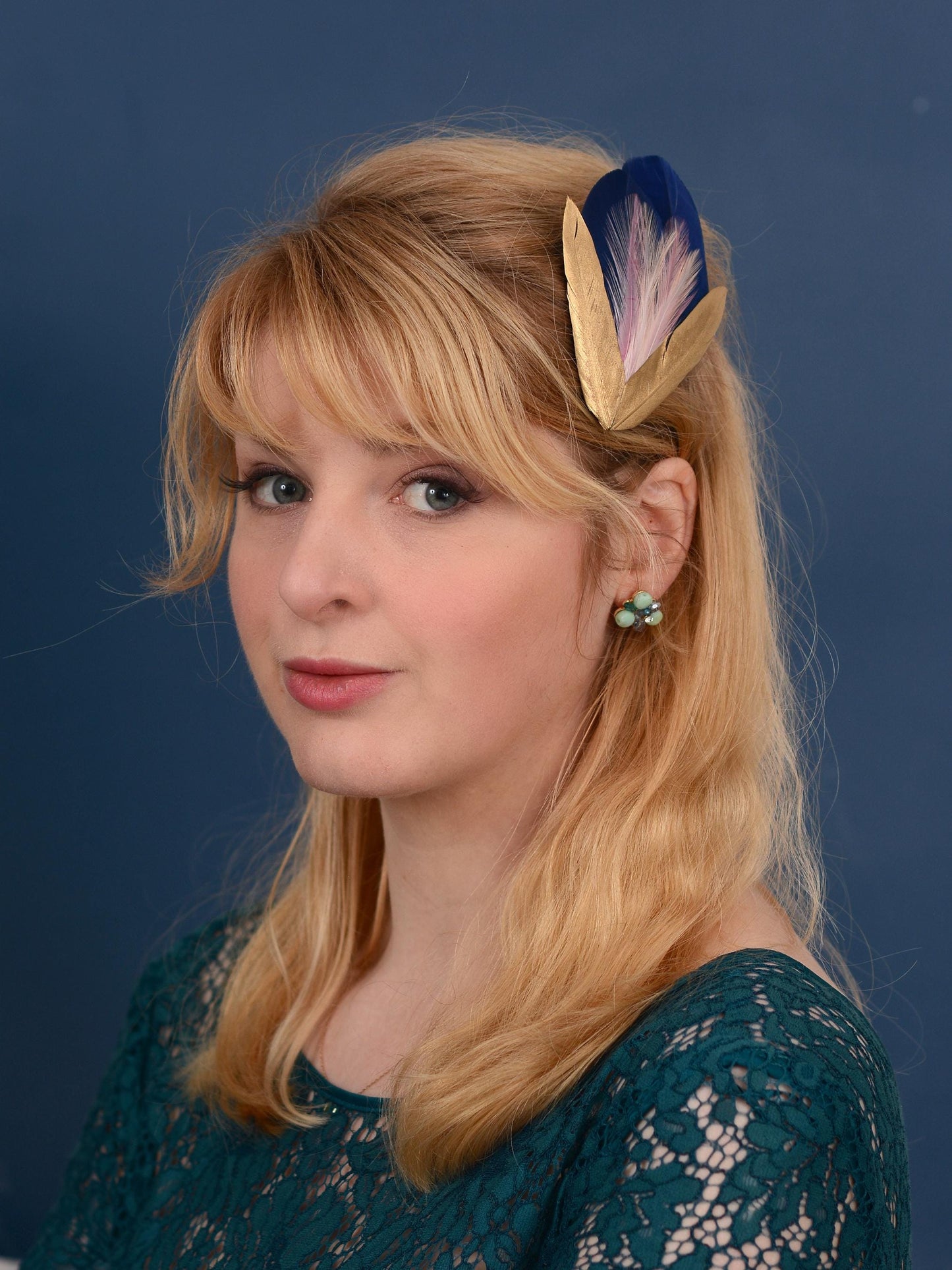 Feather Hair Clip in Navy Blue and Gold | Blue Feather Hair Clip | Navy Blue Fascinator
