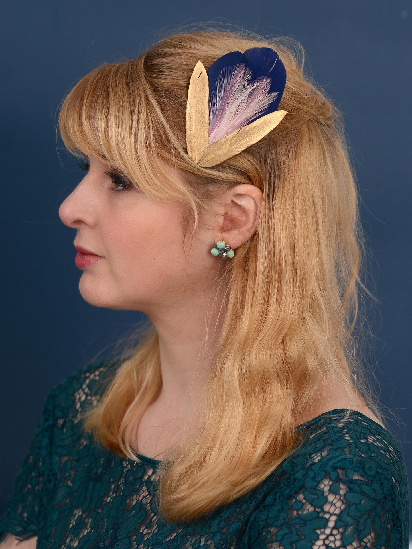 Feather Hair Clip in Navy Blue and Gold | Blue Feather Hair Clip | Navy Blue Fascinator