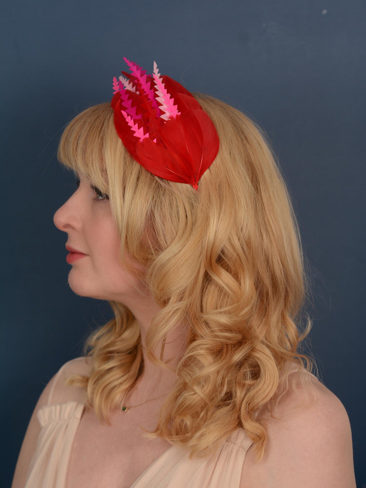 Red and Pink Feather Fascinator Headband No.013 | Pink Feather Headband | Red and Pink Feather Headpiece