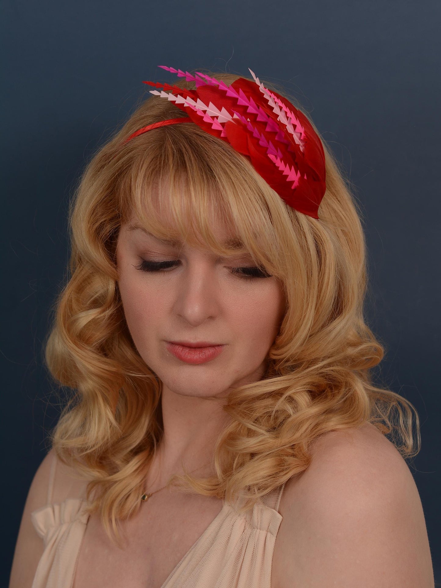 Red and Pink Feather Fascinator Headband No.013 | Pink Feather Headband | Red and Pink Feather Headpiece