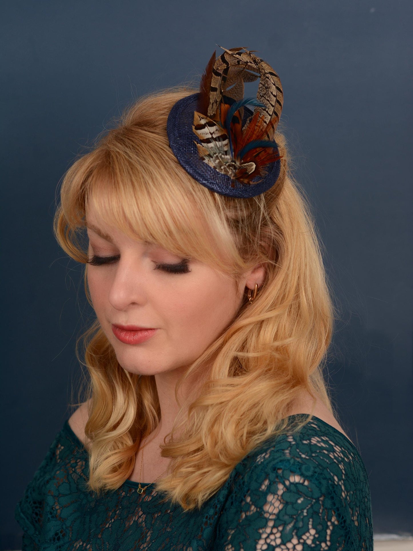 Navy Blue and Pheasant Feather Fascinator | Navy Blue Feather Hat | Wedding Fascinator | Gold Fascinator | Navy Blue Fascinator