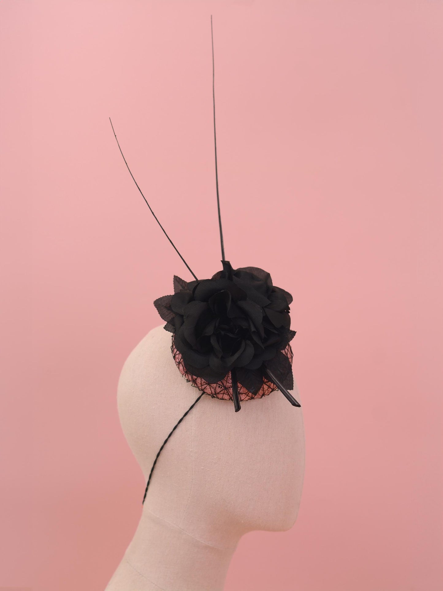 Black and Pink Button Fascinator with Black Roses and Feather Trim