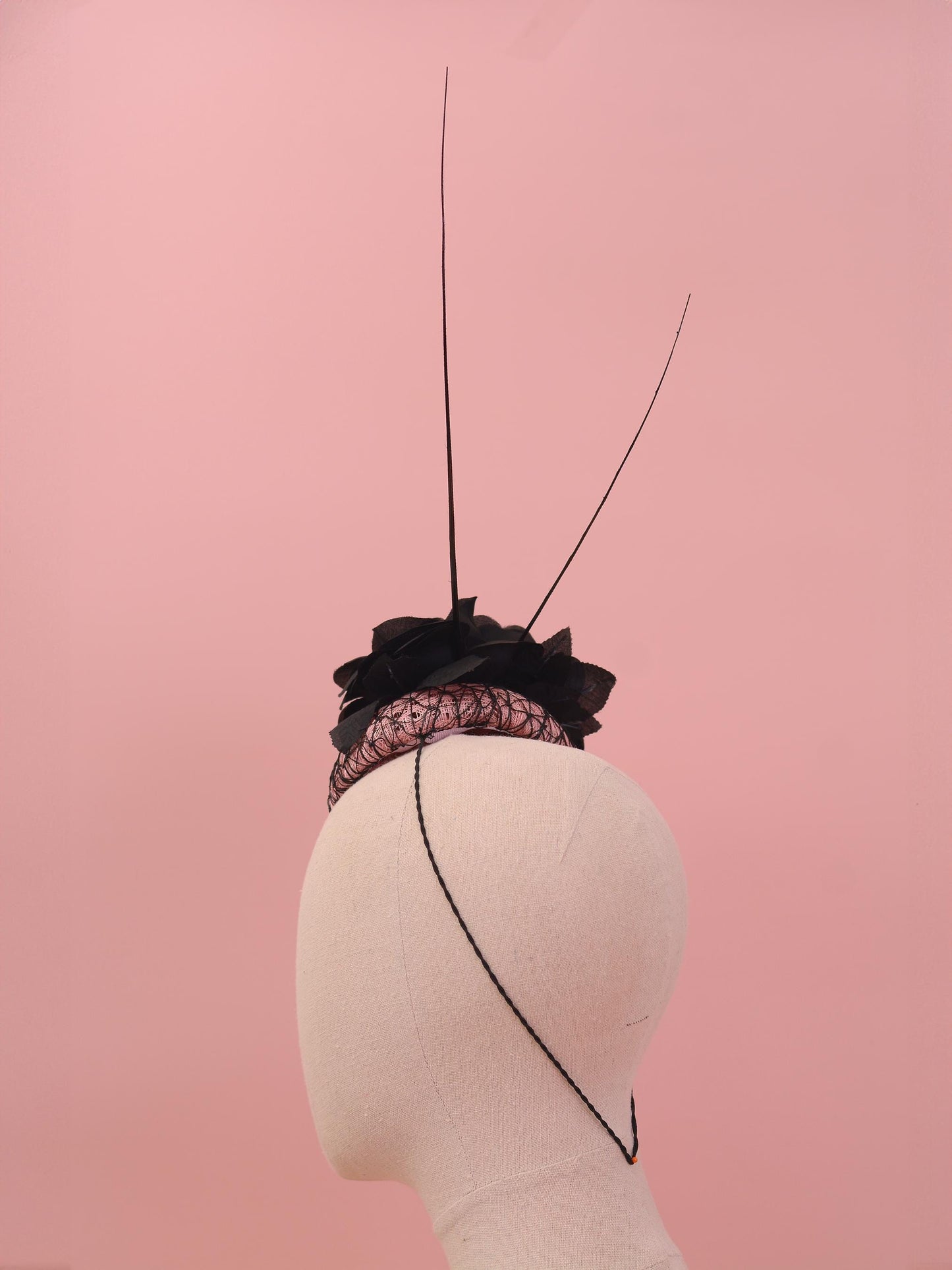 Black and Pink Button Fascinator with Black Roses and Feather Trim