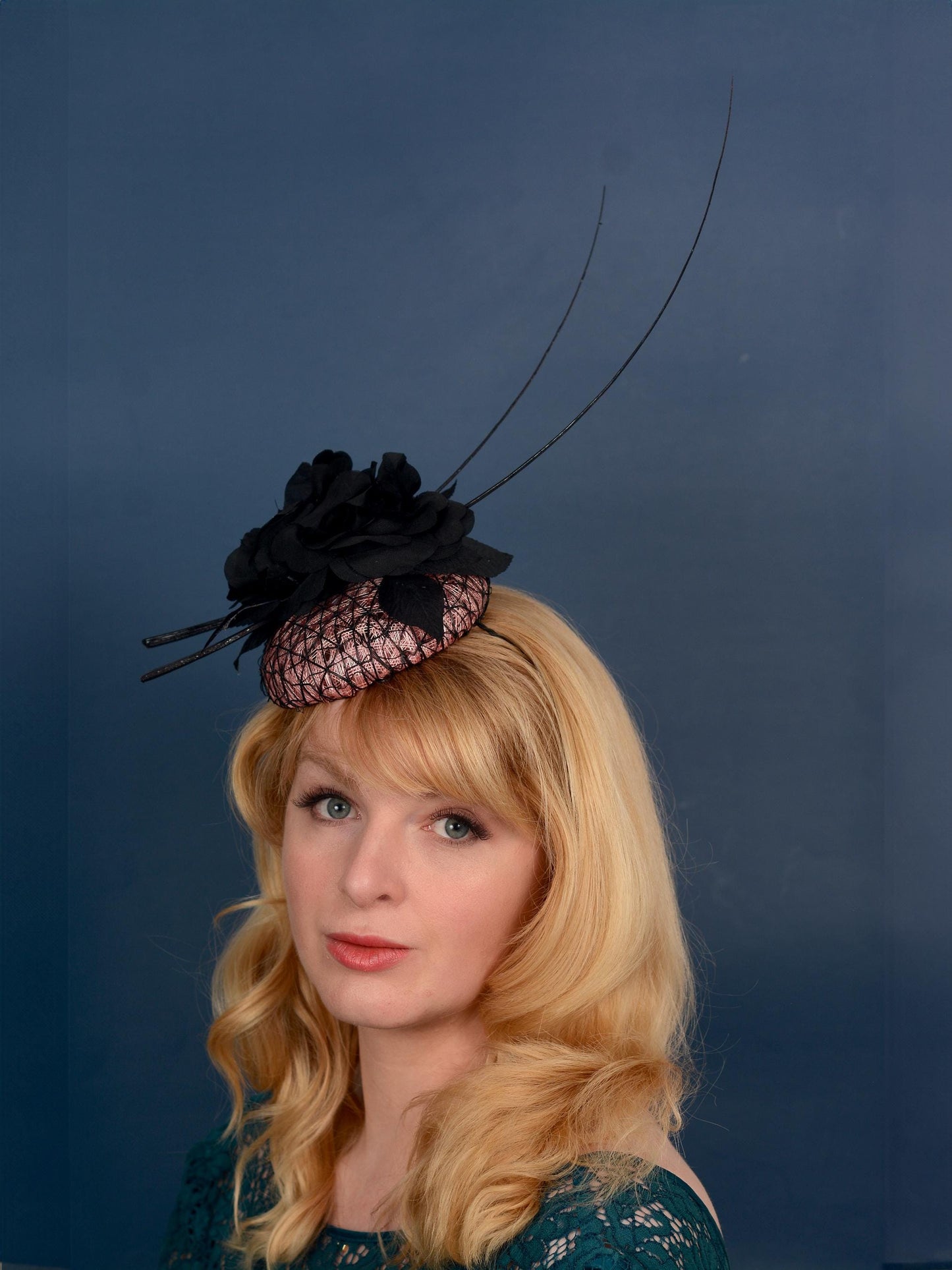 Black and Pink Button Fascinator with Black Roses and Feather Trim
