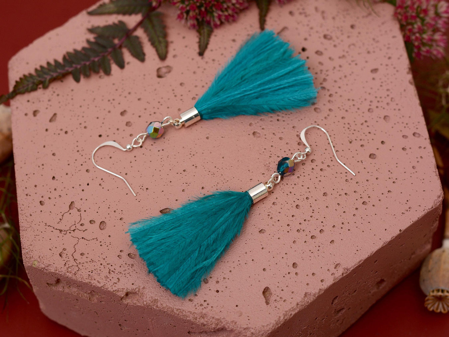 Teal Turquoise Ostrich Feather Tassel Long Earrings | Festival Earrings | Feather Jewellery | Festival Jewellery | Long Earrings