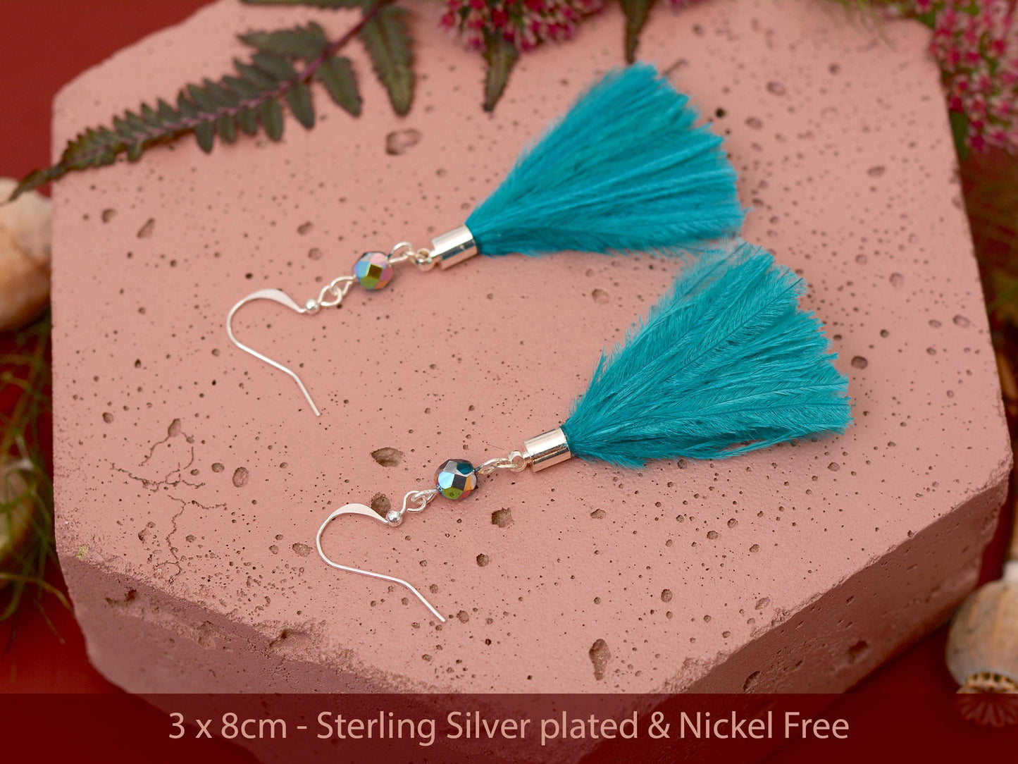 Teal Turquoise Ostrich Feather Tassel Long Earrings | Festival Earrings | Feather Jewellery | Festival Jewellery | Long Earrings