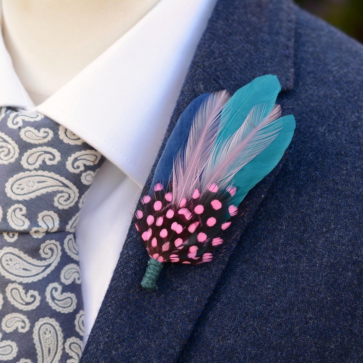 Teal, Pink and Navy Feather Lapel Pin | Pheasant Feather Boutonniere | Feather Brooch | Feather Hat Pin