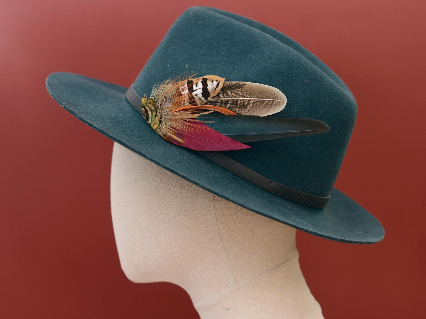 Pheasant Feather Hat Pin in Copper, Green and Crimson No.141 | Unique Pheasant Feather Boutonniere | Pheasant Feather Brooch