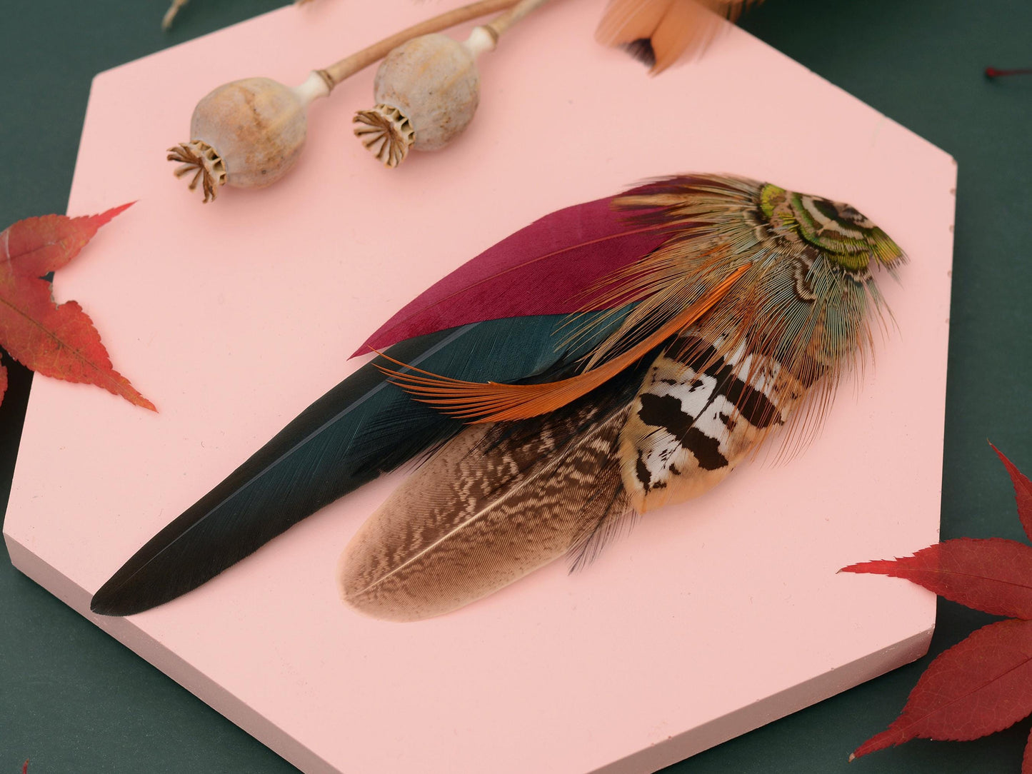 Pheasant Feather Hat Pin in Copper, Green and Crimson No.141 | Unique Pheasant Feather Boutonniere | Pheasant Feather Brooch