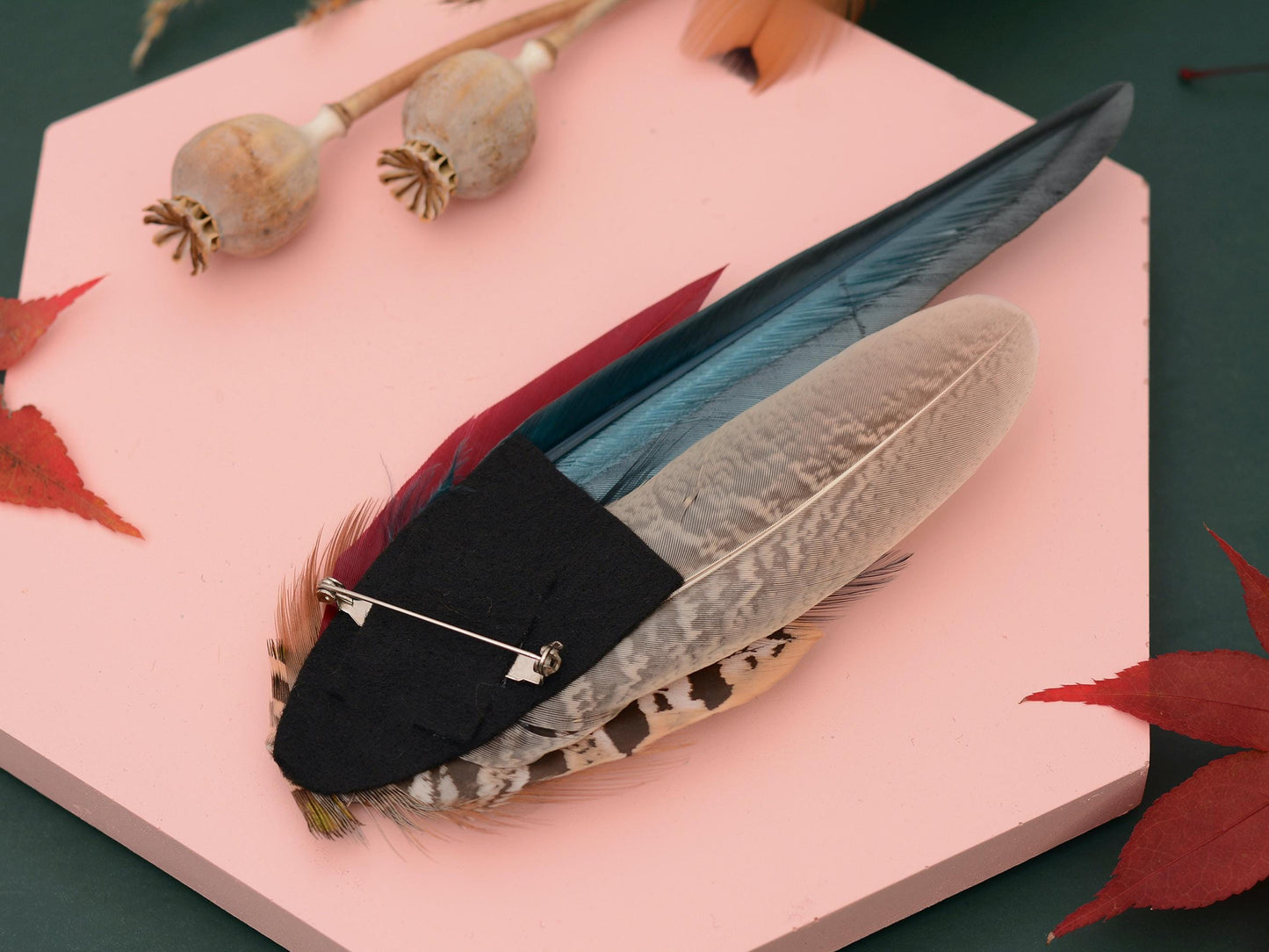 Pheasant Feather Hat Pin in Copper, Green and Crimson No.141 | Unique Pheasant Feather Boutonniere | Pheasant Feather Brooch