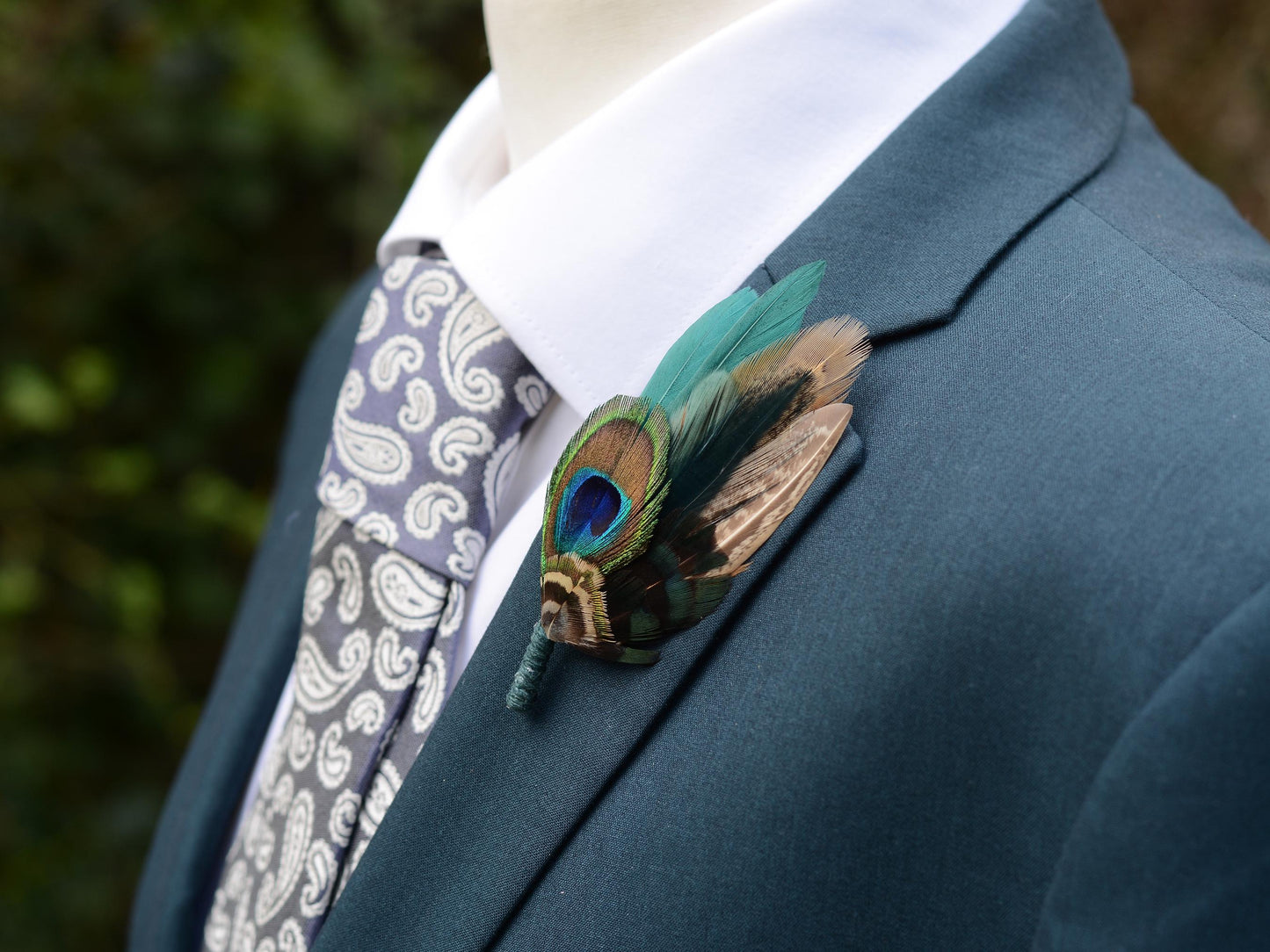 Peacock and Teal Feather Pin Small No.180 | Unique Peacock Feather Boutonniere | Pheasant Feather Brooch
