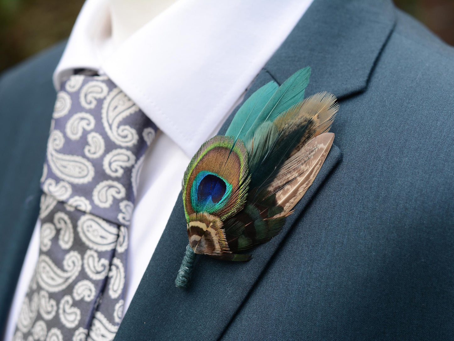 Peacock and Teal Feather Pin Small No.180 | Unique Peacock Feather Boutonniere | Pheasant Feather Brooch
