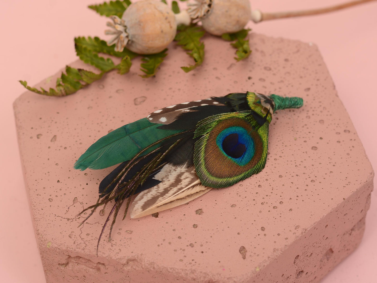 Peacock and Teal Feather Pin Small No.180 | Unique Peacock Feather Boutonniere | Pheasant Feather Brooch