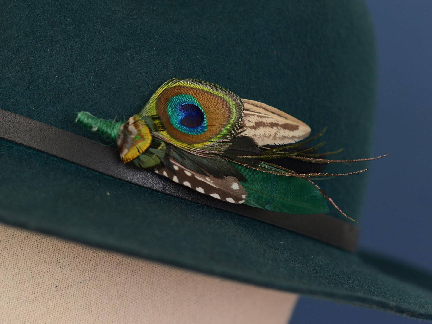 Peacock and Teal Feather Pin Small No.180 | Unique Peacock Feather Boutonniere | Pheasant Feather Brooch