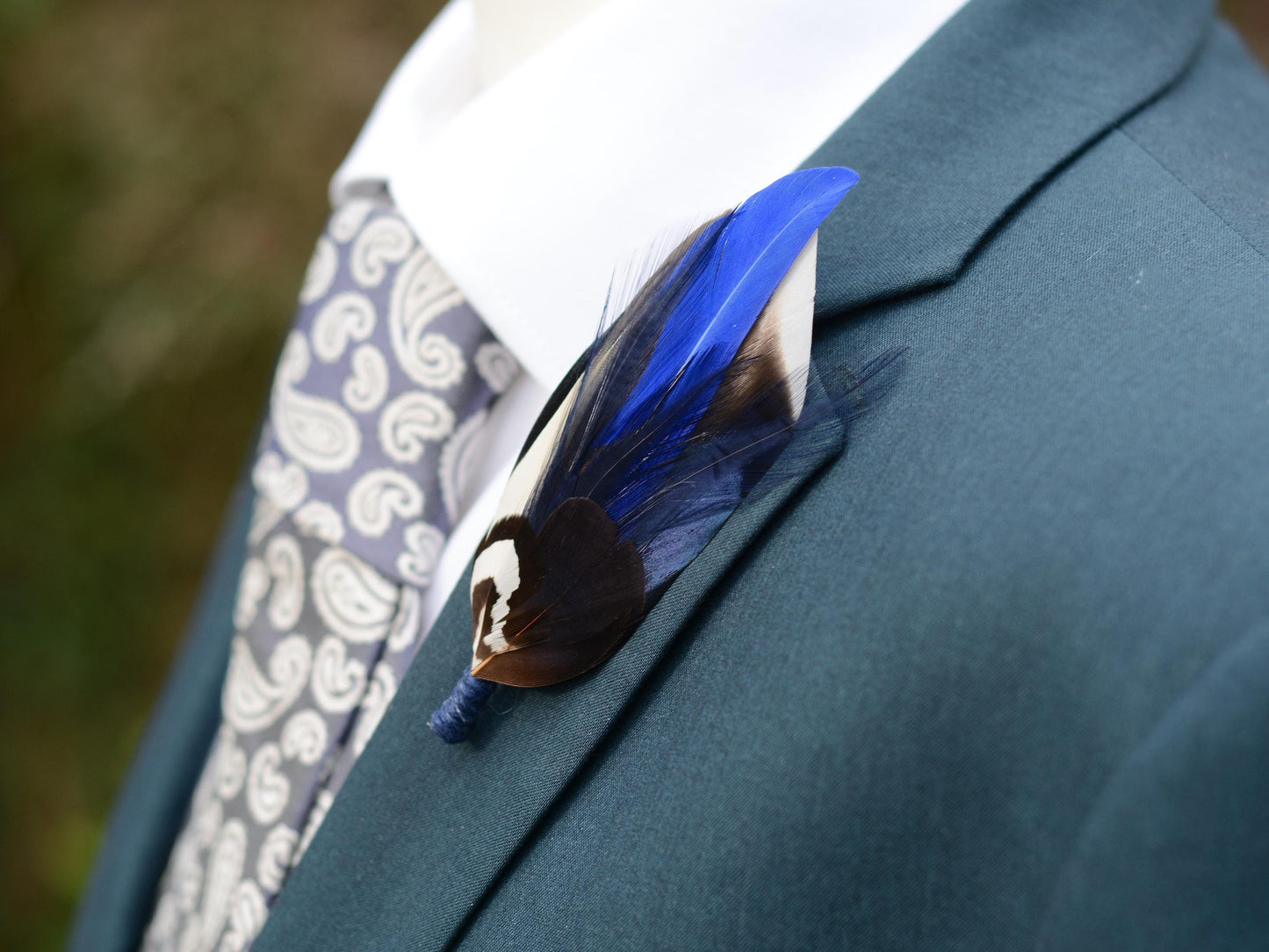 Pheasant and Duck Navy and Royal Blue Feather Lapel Pin Small No.222 | Unique Feather Boutonniere | Pheasant Feather Brooch