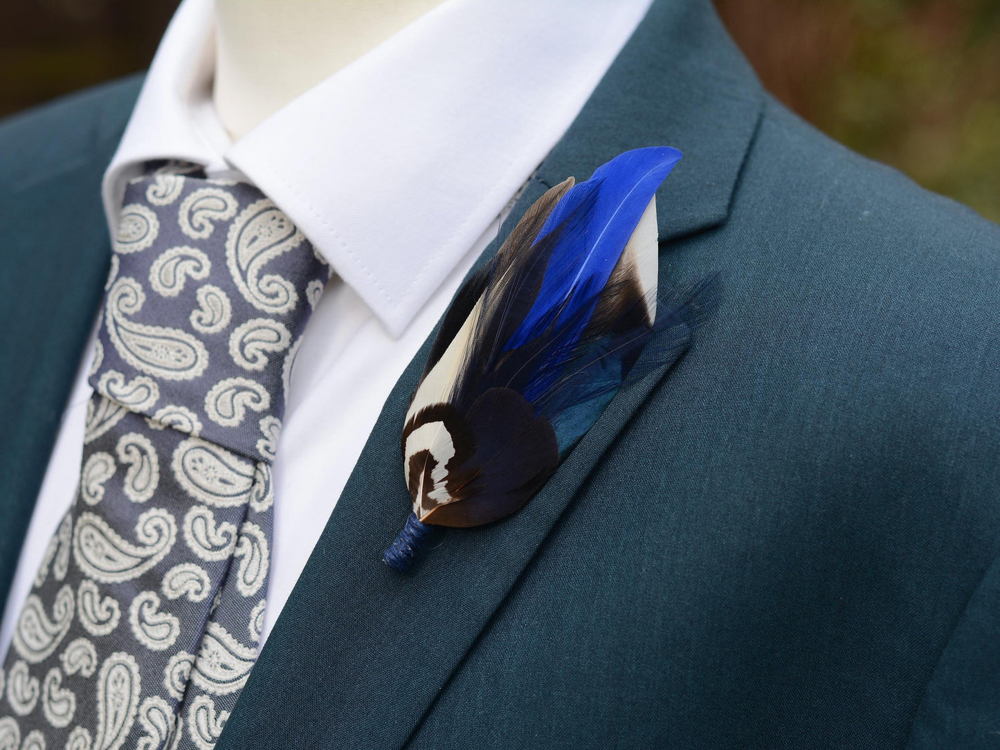 Pheasant and Duck Navy and Royal Blue Feather Lapel Pin Small No.222 | Unique Feather Boutonniere | Pheasant Feather Brooch