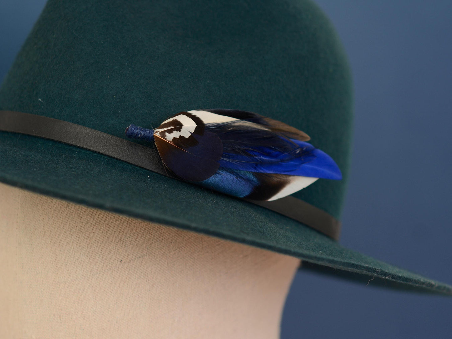 Pheasant and Duck Navy and Royal Blue Feather Lapel Pin Small No.222 | Unique Feather Boutonniere | Pheasant Feather Brooch