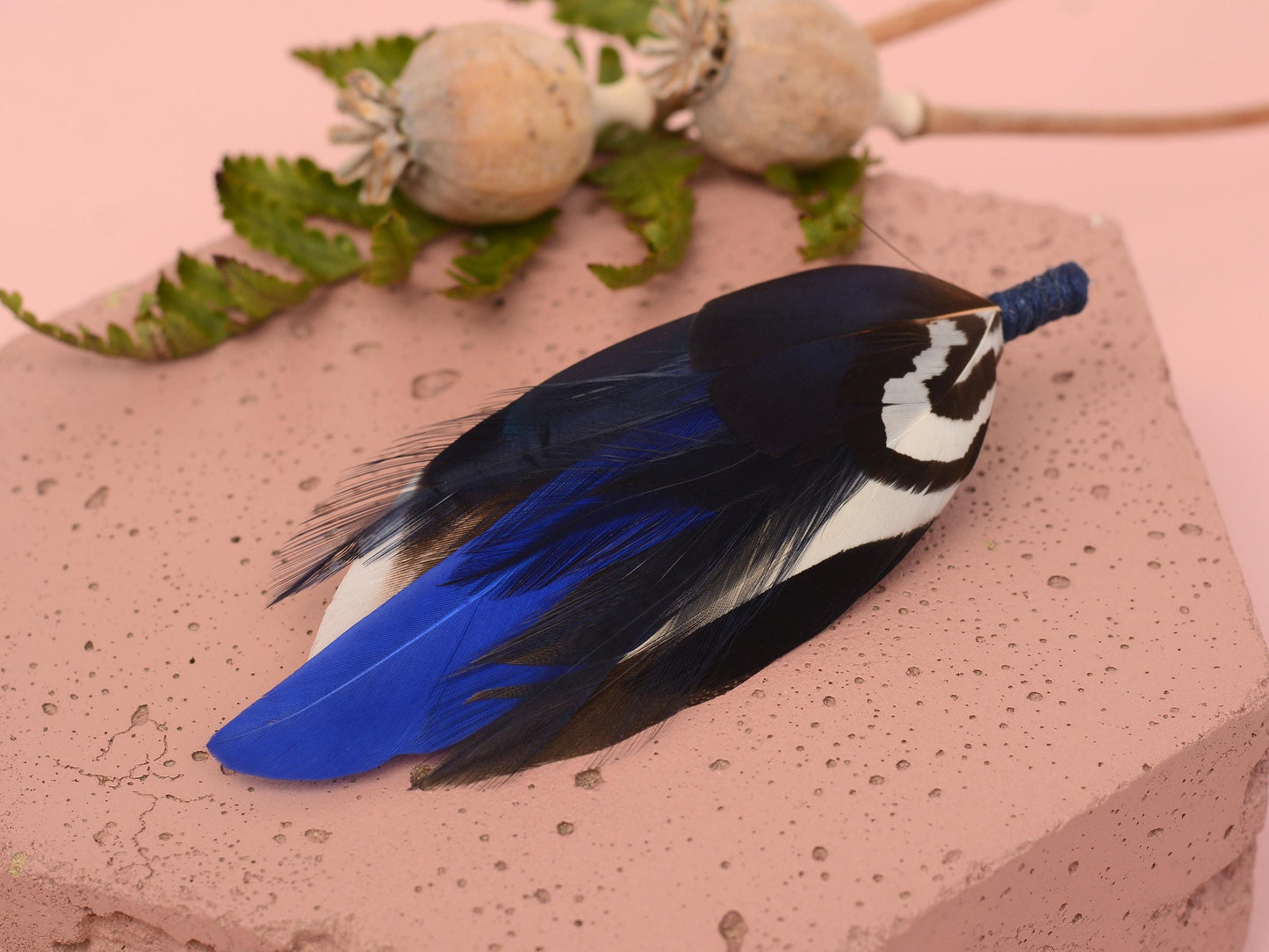 Pheasant and Duck Navy and Royal Blue Feather Lapel Pin Small No.222 | Unique Feather Boutonniere | Pheasant Feather Brooch